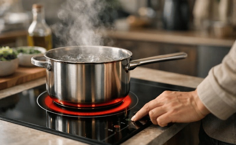 Imagem realista de um cooktop de indução moderno com uma panela de inox aquecendo, água em ebulição e vapor subindo