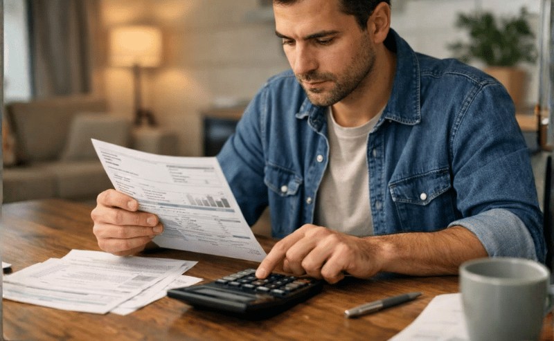 Imagem realista de uma pessoa sentada à mesa em casa, segurando uma fatura de energia enquanto utiliza uma calculadora. A cena transmite concentração e análise financeira, com iluminação natural suave e enquadramento em plano médio levemente lateral, sem qualquer texto visível.