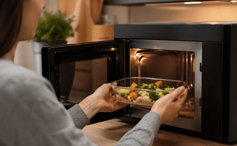 Imagem realista de um micro-ondas em destaque, com a porta aberta, enquanto uma pessoa coloca um recipiente de vidro com comida dentro do aparelho, em uma cozinha com iluminação suave e ambiente natural ao fundo
